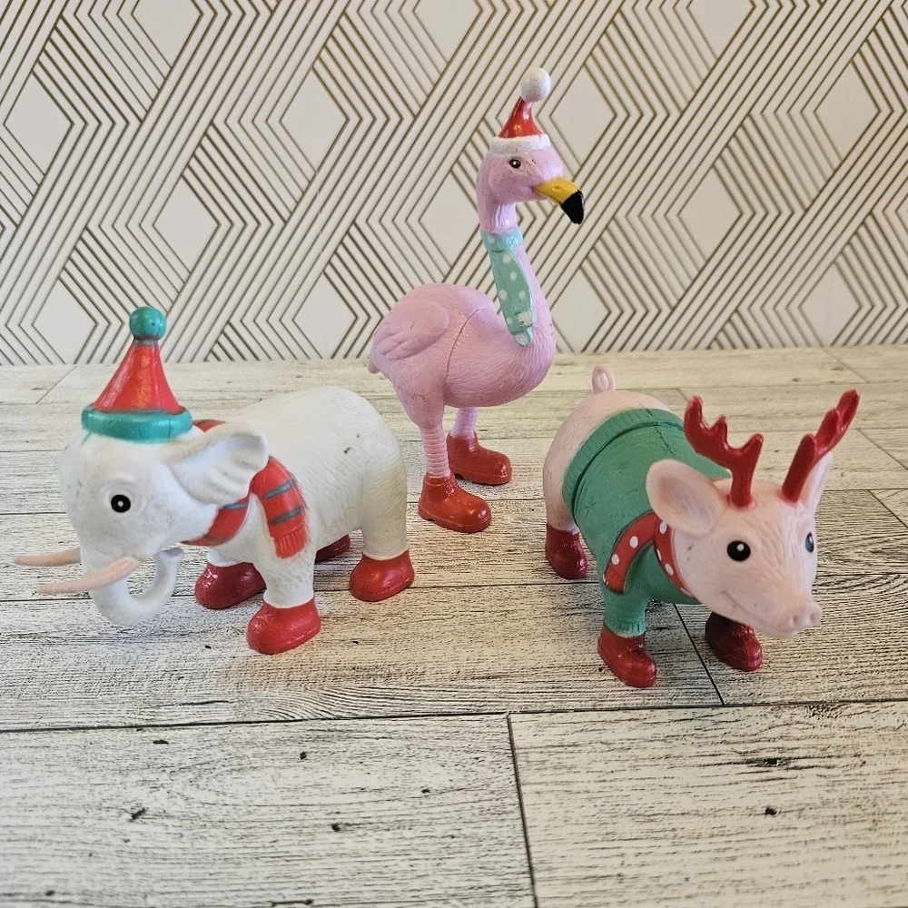 Ankyo Lot of 3 Party Animals Christmas Pink Flamingo Elephant Pig Figures